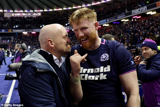 Scotland Head Coach Gregor Townsend Congratulates Gregor Brown On An Impressive Display