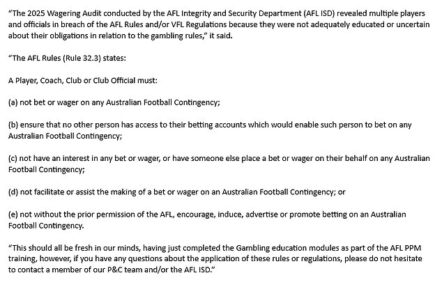 In A Detailed Email (Pictured) The League Confirmed 'Multiple Players And Officials (Were) In Breach Of The Afl Rules And/Or Vfl Regulations'