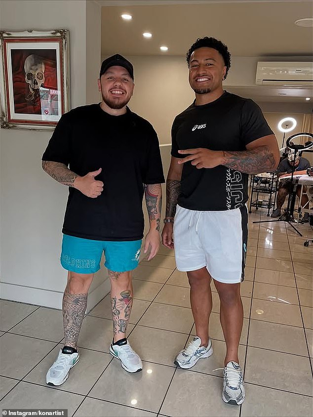 Tattooist Konrad Ilolahia (Pictured Left With Wests Tigers Player Fonua Pole) Has Spoken Out On Nrl Players Who Can't Cope With The Pain Of Being Inked