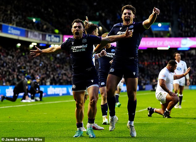 Ben White Celebrates With Tom Jordan After Scoring Scotland's Third Try
