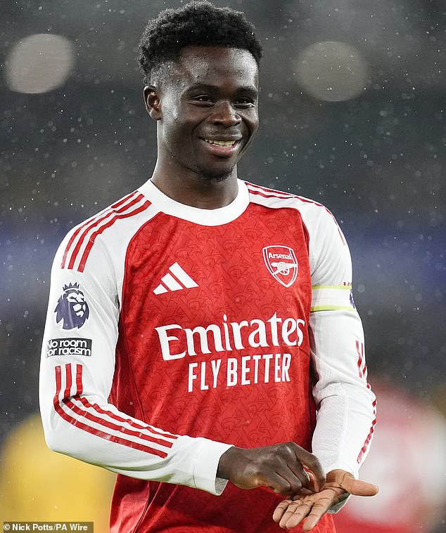 Bukayo Saka Signs The Palm Of His Hand After Ghosting In To Score His First Goal In 15 Games On Wednesday Night