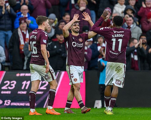 Braga (Centre) Takes The Plaudits As Hearts Extended Their Lead At The Top Of The Premiership