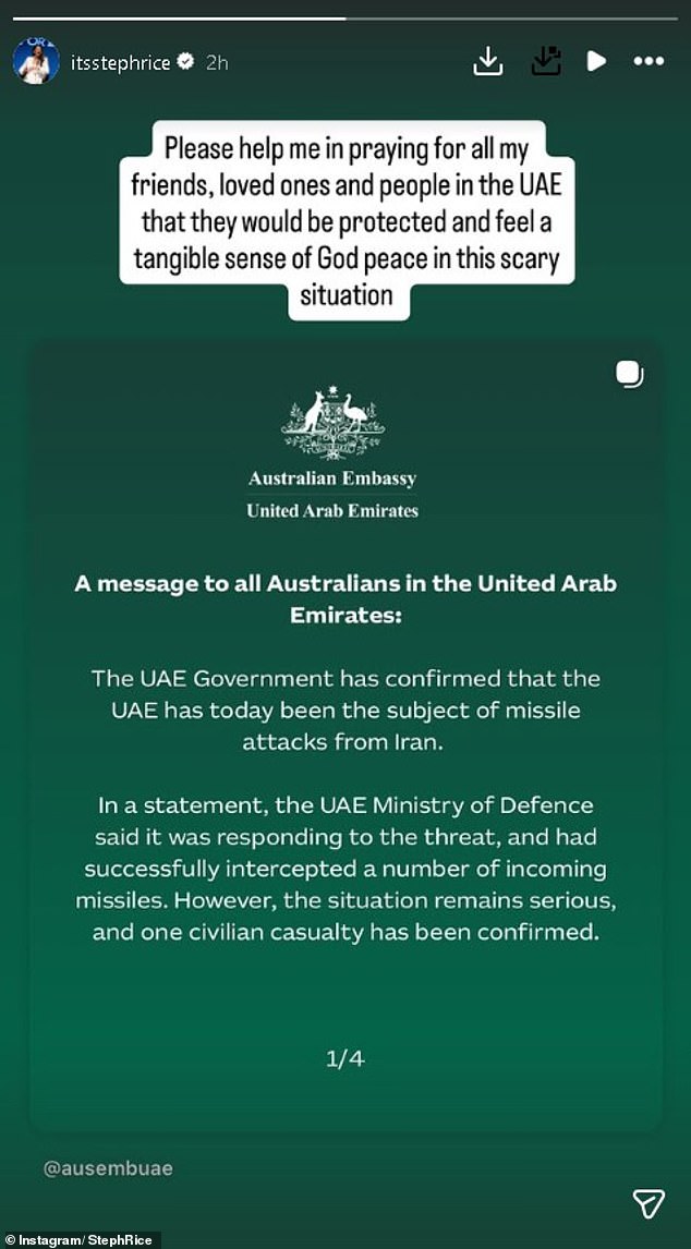 Pictured: The Heartfelt Plea Rice Posted To Instagram Shortly After Iranian Suicide Drone Attacks Hit Dubai In Retaliation For Us And Israeli Bombardment