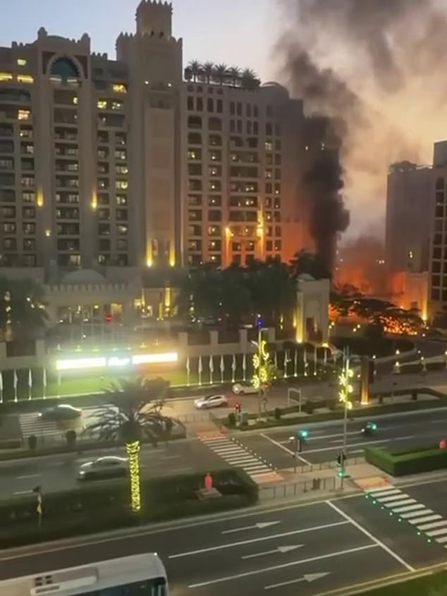 Footage Shows The Burj Al-Arab Hotel Ablaze After Being Hit By A Suspected Shahed Suicide Drone Launched From Iran Hours After Us And Israeli Air Strikes Hit Tehran