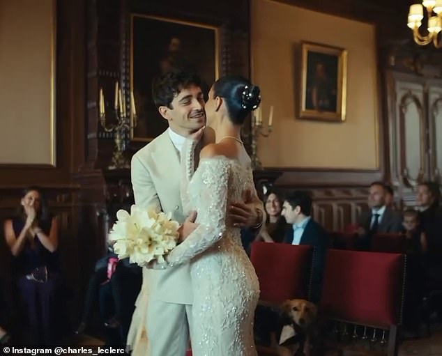 The Show-Stopping Dress Worn By The Ferrari Driver's Wife (Pictured With Leclerc At The Ceremony) Was Created By Aussie Designer Paolo Sebastian
