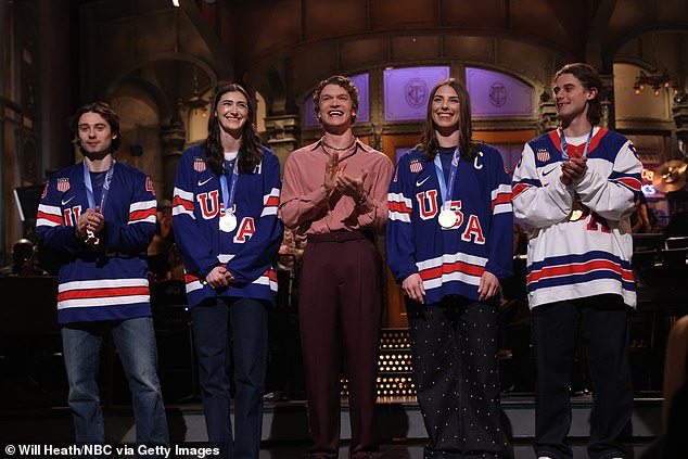 The Hughes Brothers Appeared On Snl Alongside Women's Stars Hilary Knight (Second From Right) And Megan Keller (Second From Left)