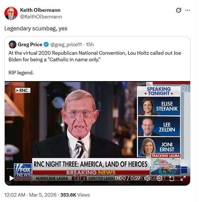 Olbermann Branded Holtz A 'Scumbag' On Social Media After The Coach's Death Was Announced