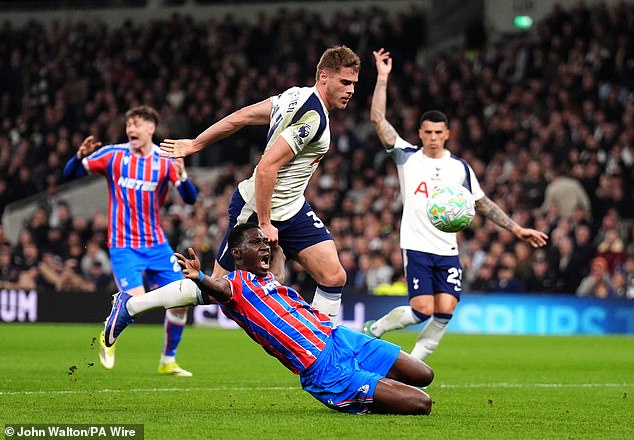Micky Van De Ven (Centre) Was Sent Off In The First Half For Spurs This Foul On Ismaila Sarr