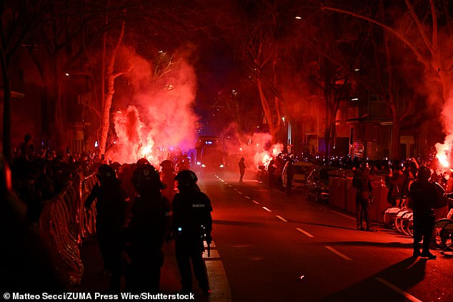 Riot Police Lined Up Outside The Nou Camp As Raucous Barcelona Fans Gathered On Tuesday